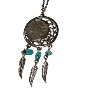 Silver and Turquoise Native American Necklace with Feathers